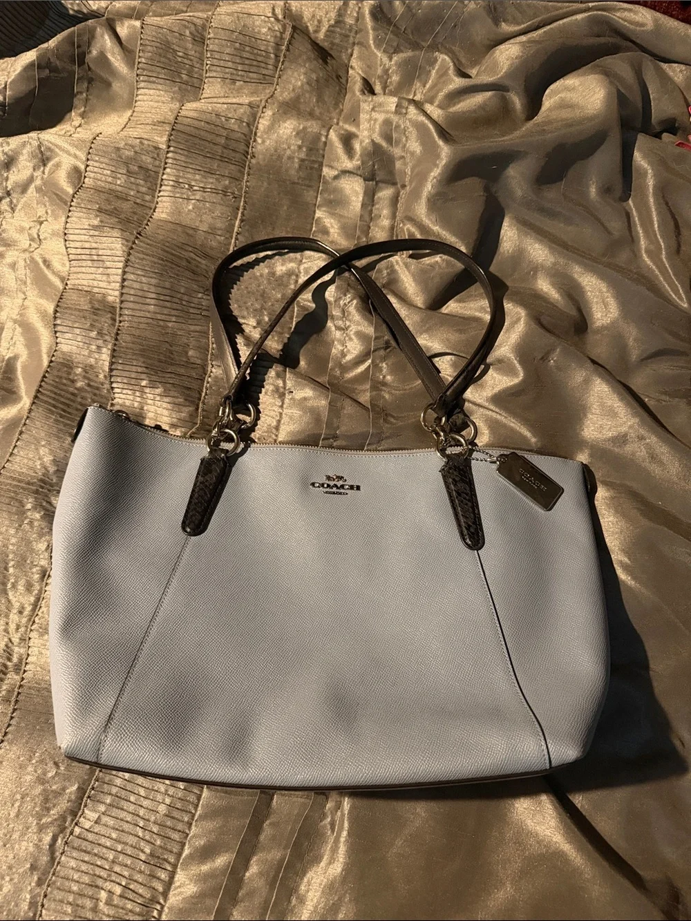 Coach Light Blue Leather Tote with Charcoal/Black Handles